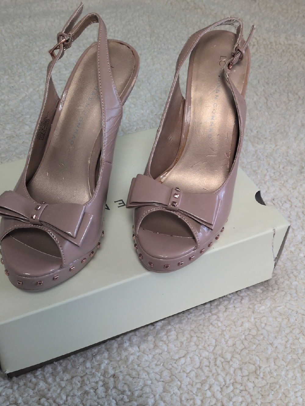 LC Lauren Conrad Nude Blush Patent Peep-Toe Slingback Heels with Bow